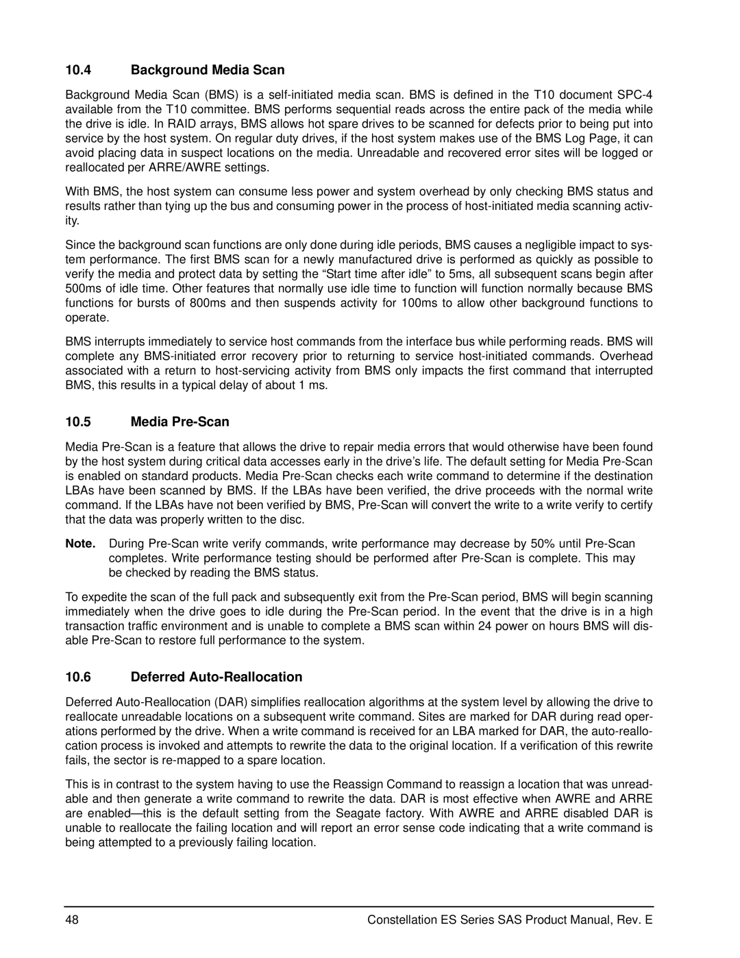 Seagate ST31000426SS, ST31000425SS, ST31000424SS manual Background Media Scan, Media Pre-Scan, Deferred Auto-Reallocation 