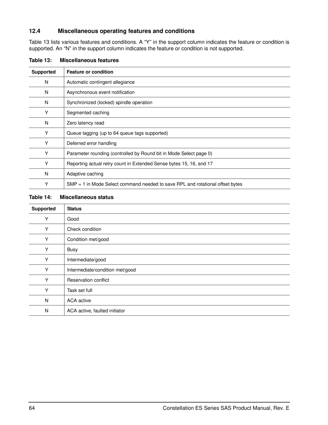 Seagate ST31000425SS manual Miscellaneous operating features and conditions, Miscellaneous features, Miscellaneous status 