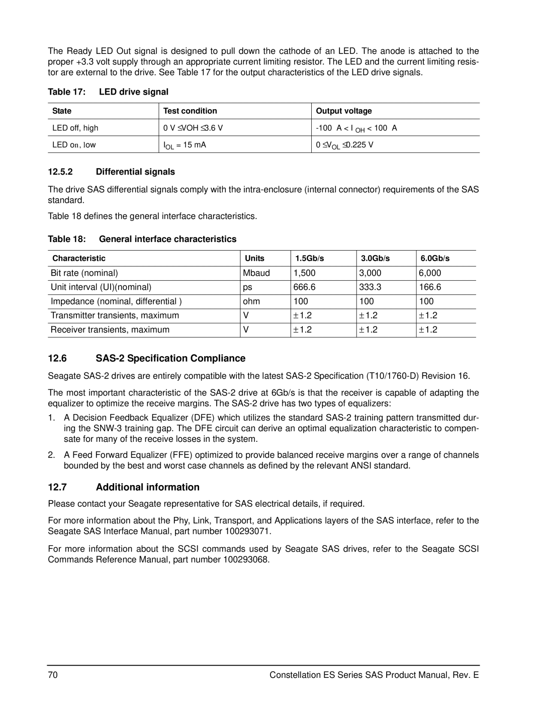 Seagate ST3500414SS manual SAS-2 Specification Compliance, Additional information, LED drive signal, Differential signals 