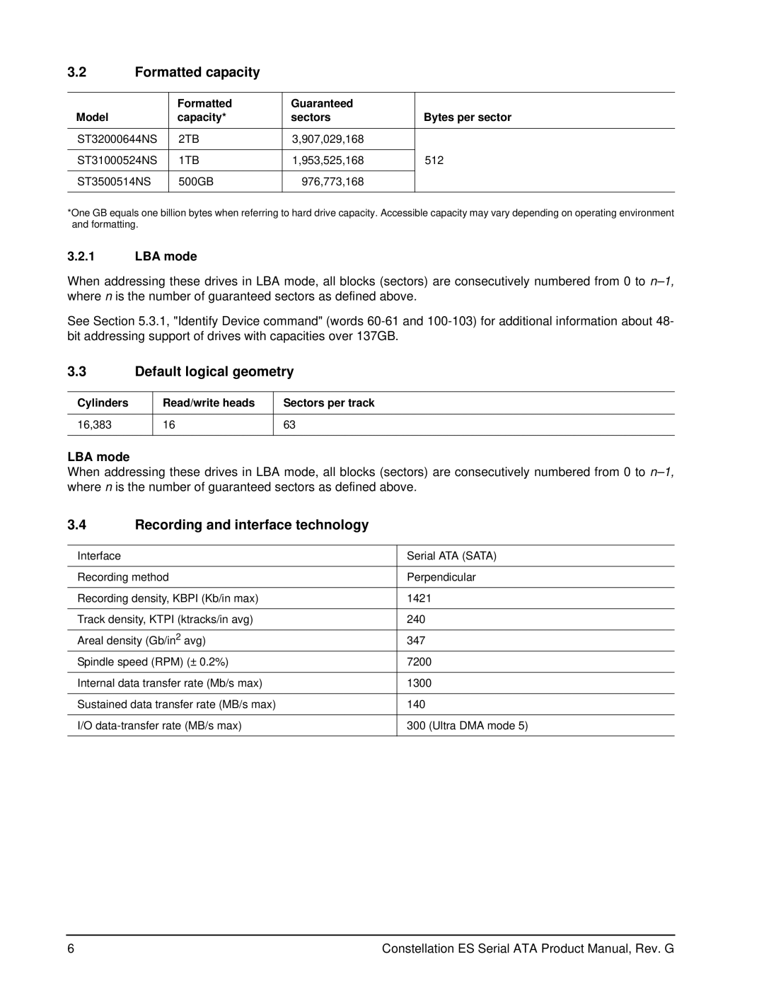 Seagate ST32000645SS, 100516232 Formatted capacity, Default logical geometry, Recording and interface technology, LBA mode 