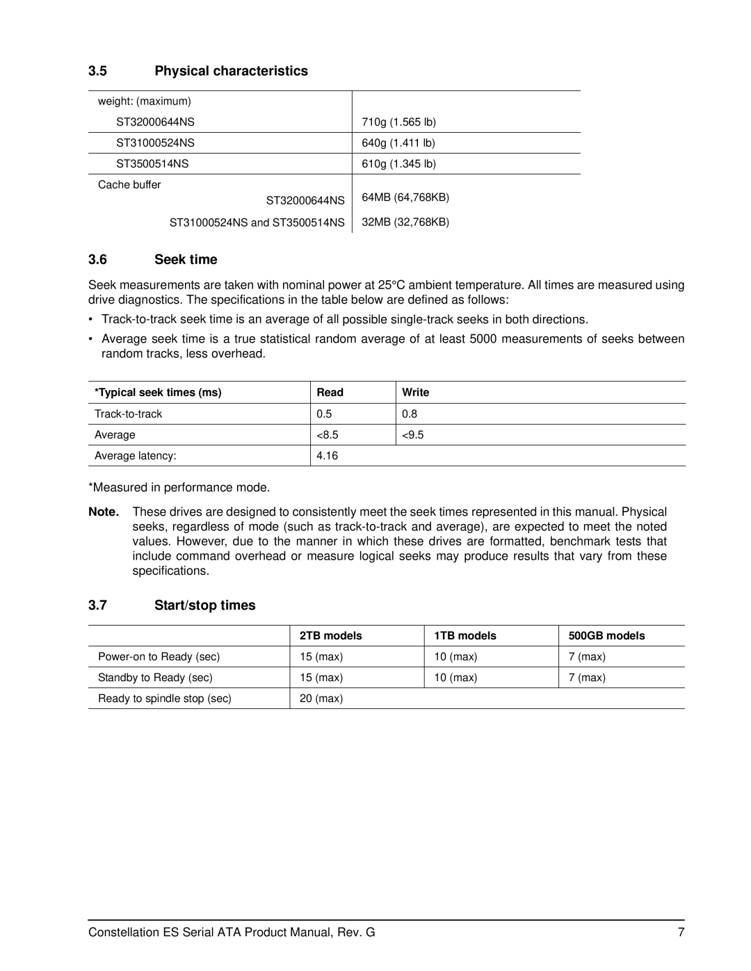 Seagate ST32000646SS, ST31000524NS Physical characteristics, Seek time, Start/stop times, Typical seek times ms Read Write 