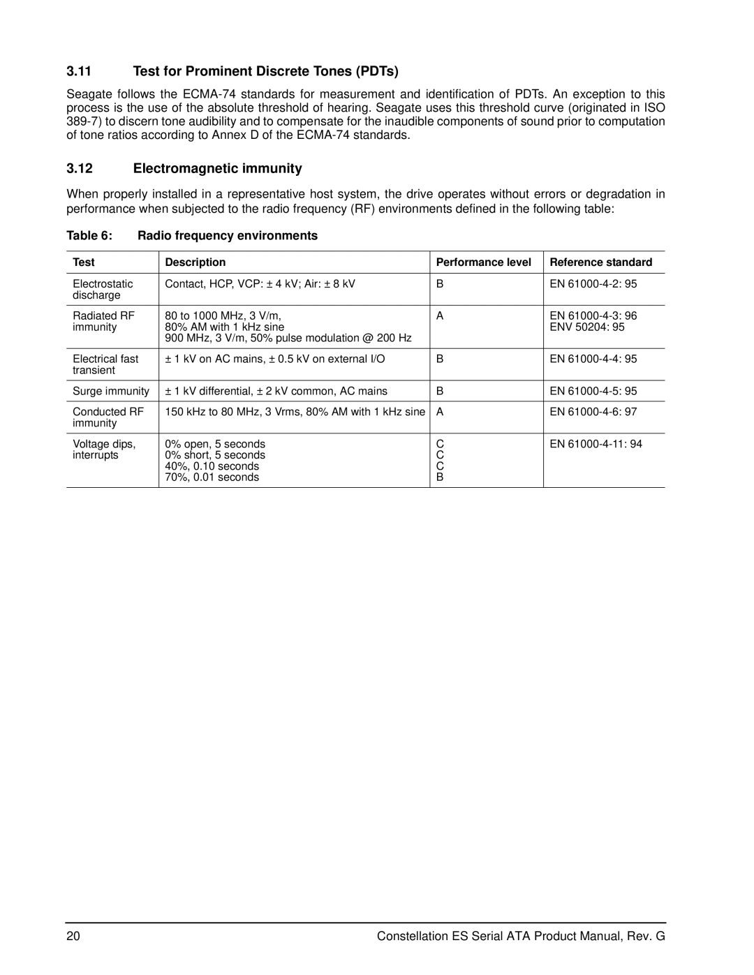 Seagate ST32000645SS manual Test for Prominent Discrete Tones PDTs, Electromagnetic immunity, Radio frequency environments 