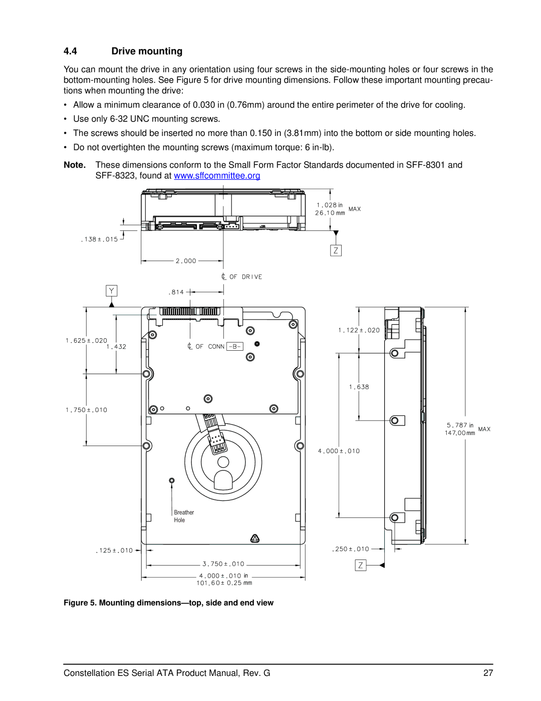 Seagate ST32000645SS, ST31000524NS, ST3500514NS, ST32000644NS Drive mounting, Mounting dimensions-top, side and end view 