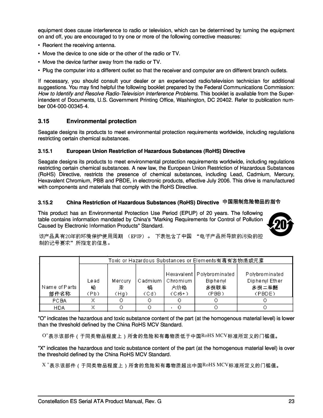 Seagate ST3500514NS, ST31000524NS, ST32000644NS Environmental protection, O表示该部件（于同类物品程度上）所含的危险和有毒物质低于中国RoHS MCV标准所定义的门槛值。 