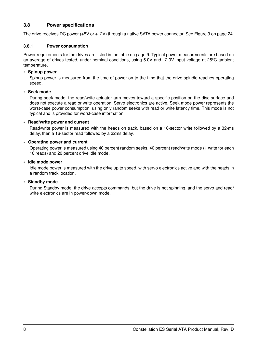 Seagate ST32000644NS, ST31000524NS, ST3500514NS manual Power specifications 