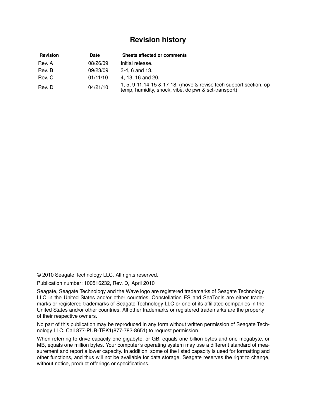 Seagate ST32000644NS, ST31000524NS, ST3500514NS manual Revision history, Revision Date, Sheets affected or comments 