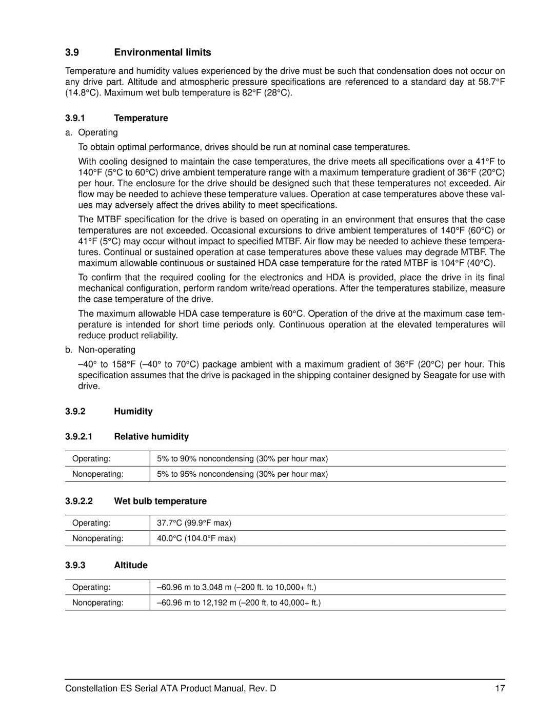 Seagate ST32000644NS Environmental limits, Temperature a. Operating, Humidity Relative humidity, Wet bulb temperature 