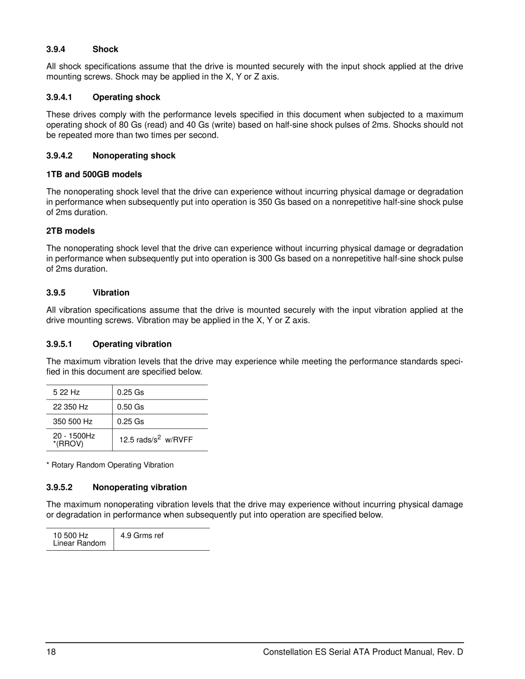 Seagate ST31000524NS, ST3500514NS Shock, Operating shock, Nonoperating shock 1TB and 500GB models, 2TB models, Vibration 