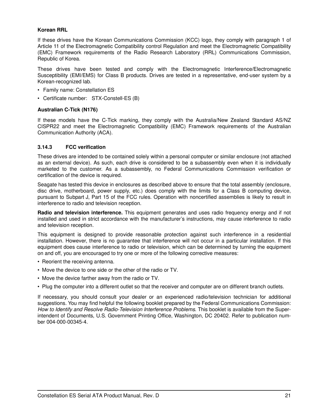 Seagate ST31000524NS, ST3500514NS, ST32000644NS manual Korean RRL, Australian C-Tick N176, FCC verification 