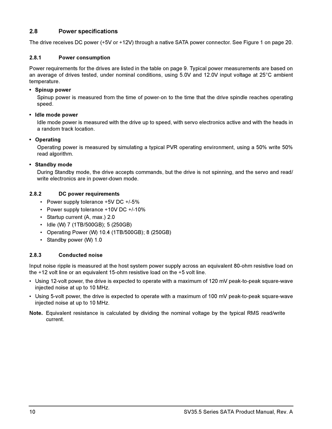 Seagate ST3250311SV, ST31000525SV, ST3500410SV manual Power specifications 