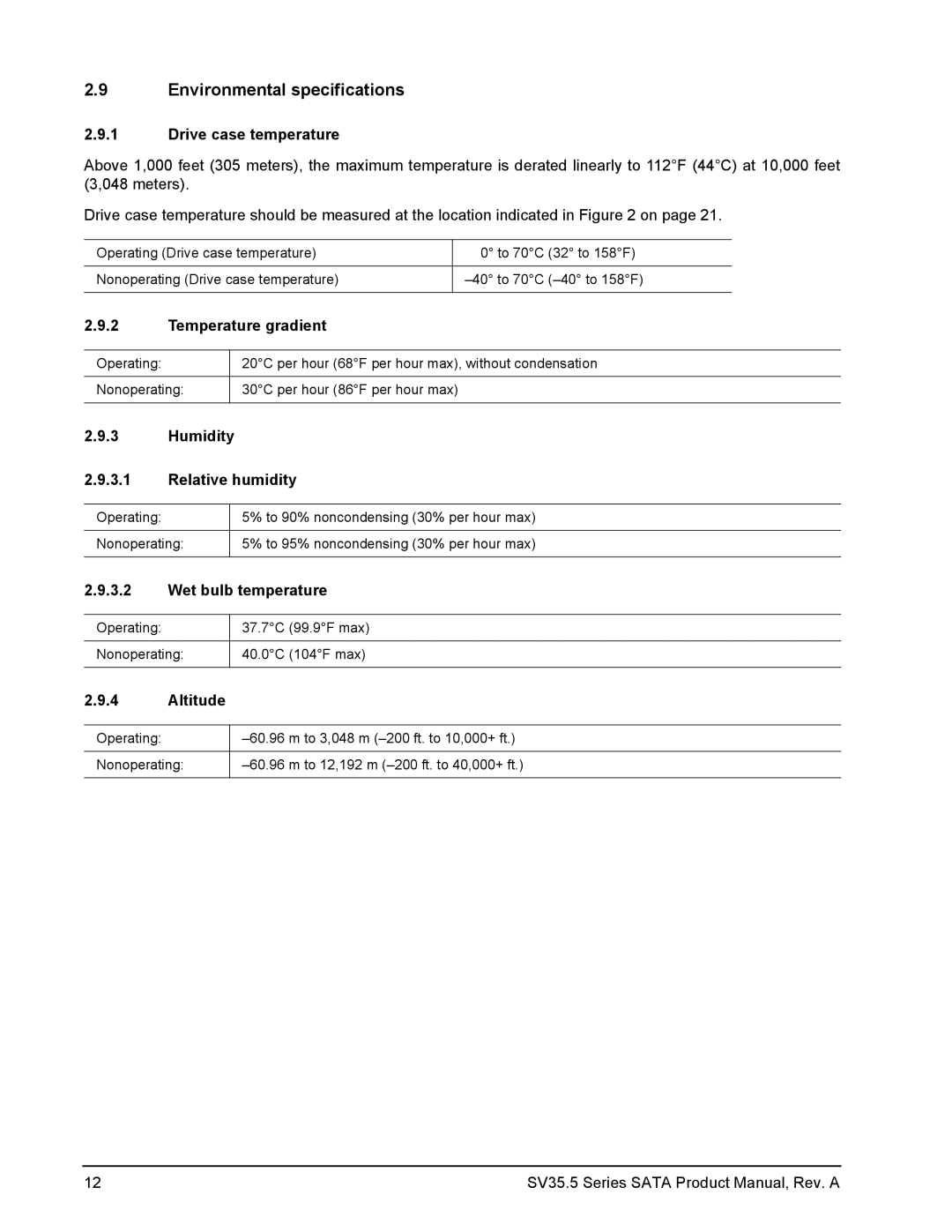 Seagate ST31000525SV, ST3250311SV, ST3500410SV manual Environmental specifications 