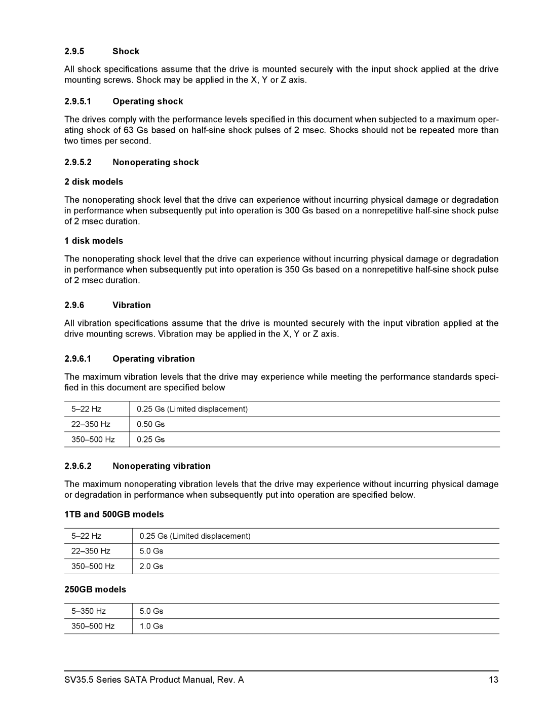 Seagate ST3250311SV Shock, Operating shock, Nonoperating shock Disk models, Vibration, Operating vibration, 250GB models 