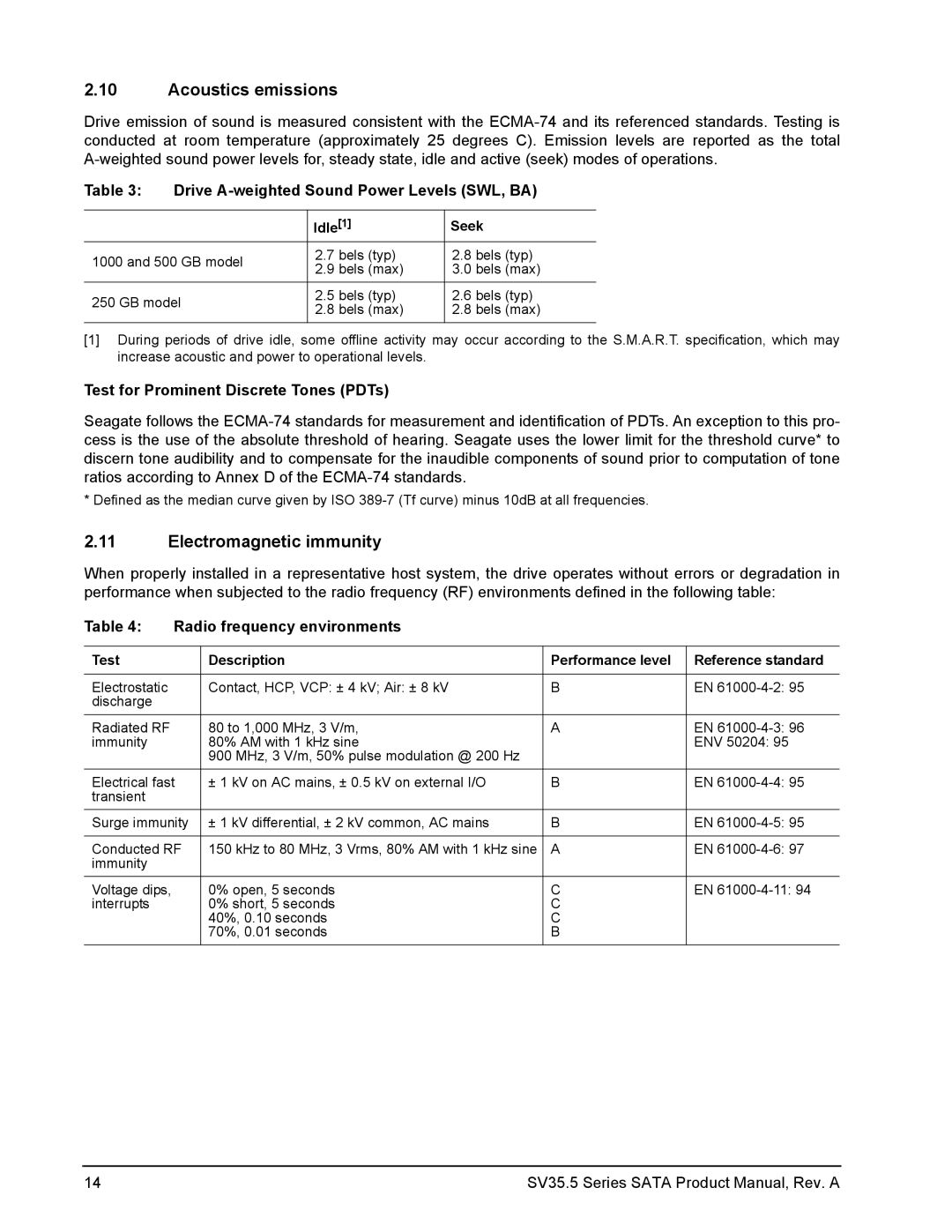 Seagate ST3500410SV manual Acoustics emissions, Electromagnetic immunity, Drive A-weighted Sound Power Levels SWL, BA 