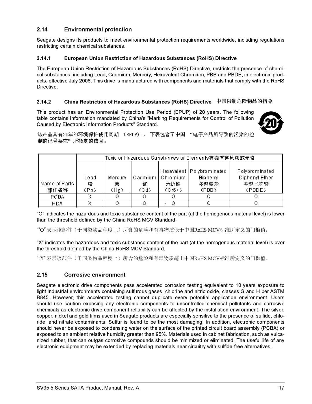 Seagate ST3500410SV, ST31000525SV, ST3250311SV manual Environmental protection, Corrosive environment 