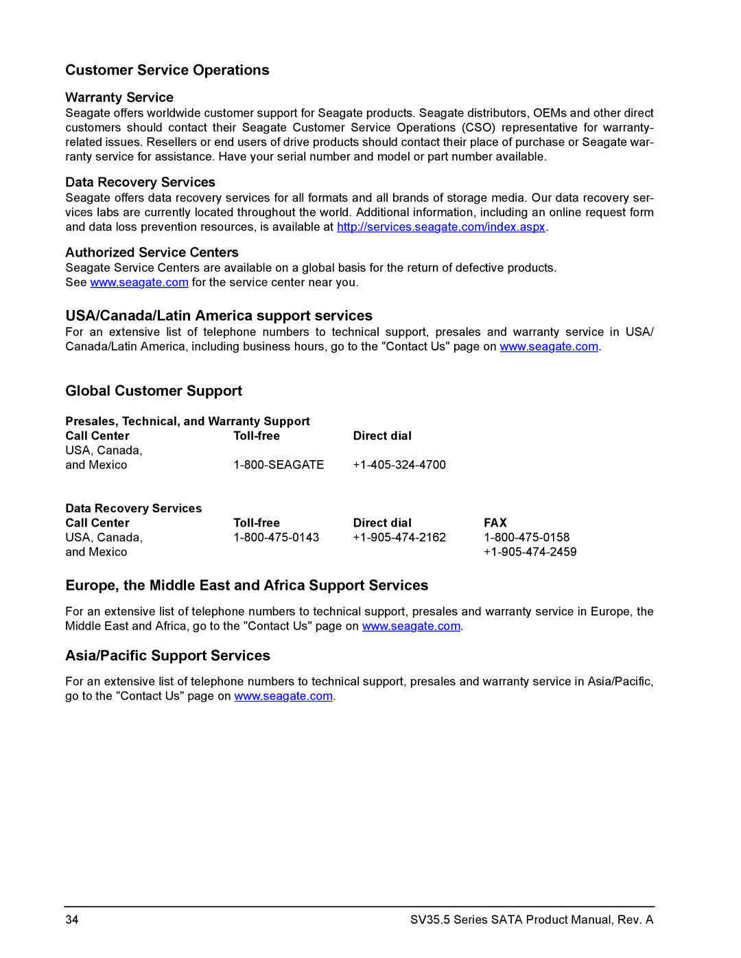 Seagate ST3250311SV, ST31000525SV, ST3500410SV manual Warranty Service, Data Recovery Services Authorized Service Centers 