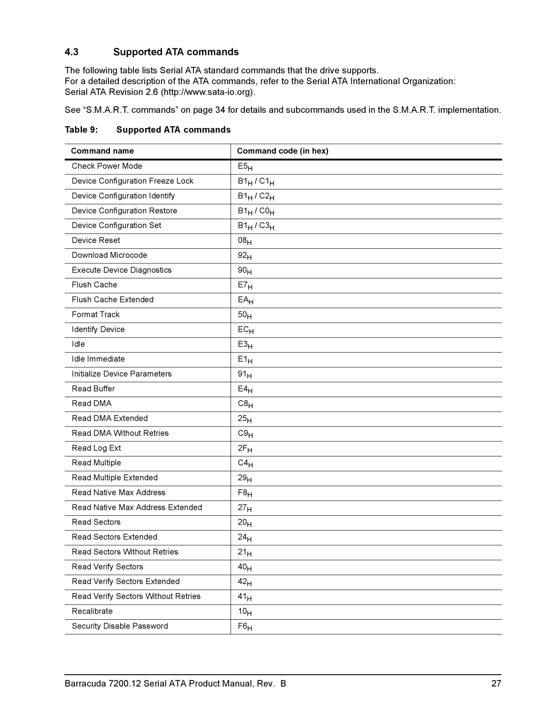 Seagate ST3500418AS, ST31000528AS, ST3160318AS, ST3250318AS manual Supported ATA commands, Command name Command code in hex 