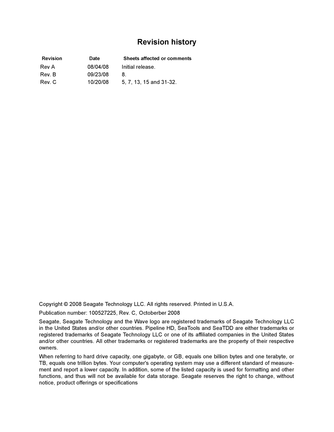 Seagate ST31000533CS manual Revision history, Revision Date Sheets affected or comments 