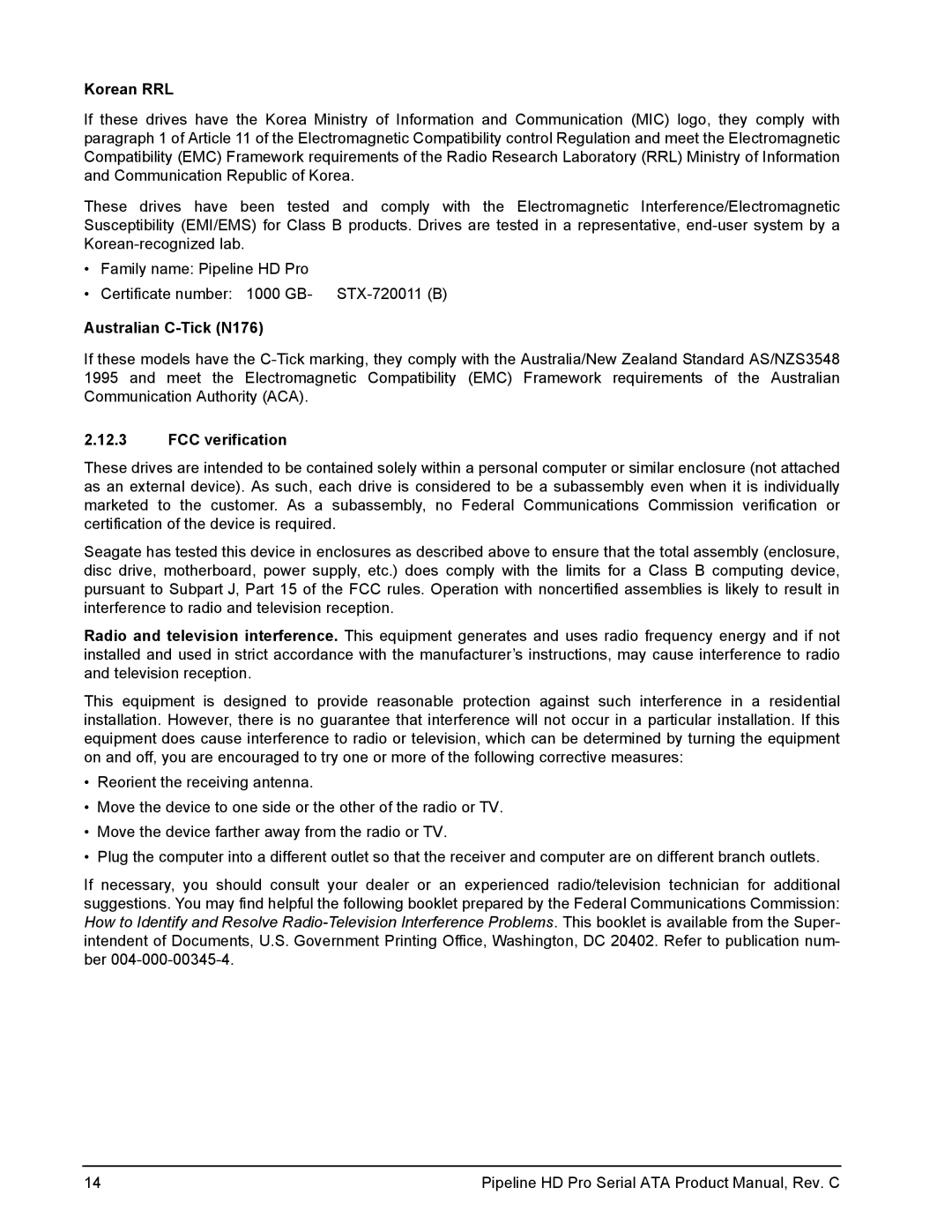 Seagate ST31000533CS manual Korean RRL, Australian C-Tick N176, FCC verification 