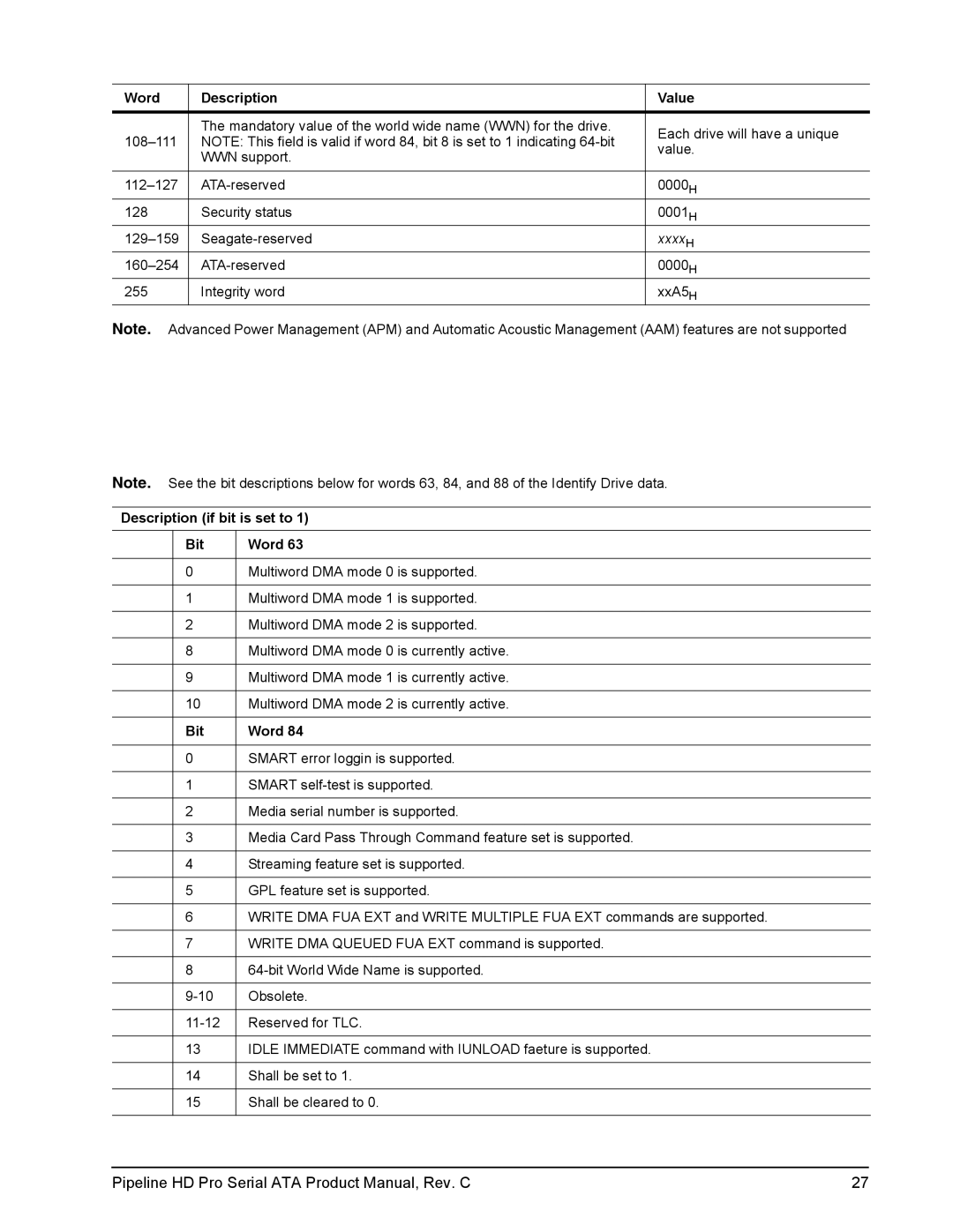 Seagate ST31000533CS manual Description if bit is set to Bit Word 