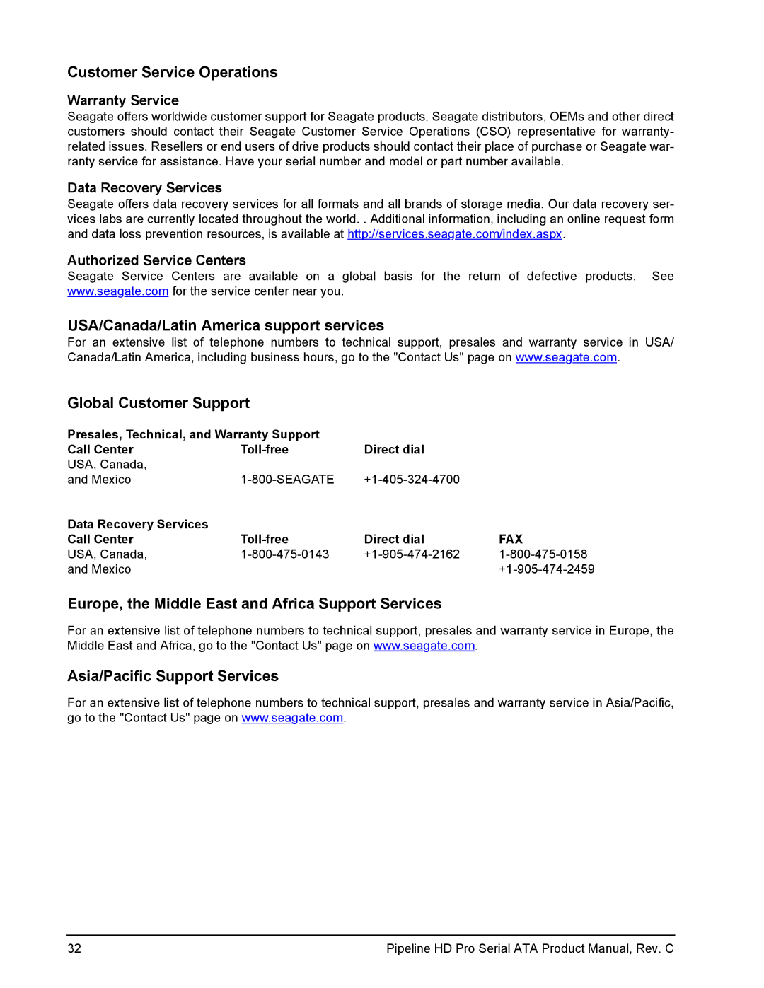 Seagate ST31000533CS manual Warranty Service, Data Recovery Services Authorized Service Centers 