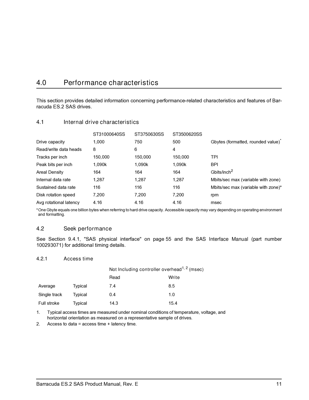 Seagate ST31000640SS manual Performance characteristics, Internal drive characteristics, Seek performance, Access time 