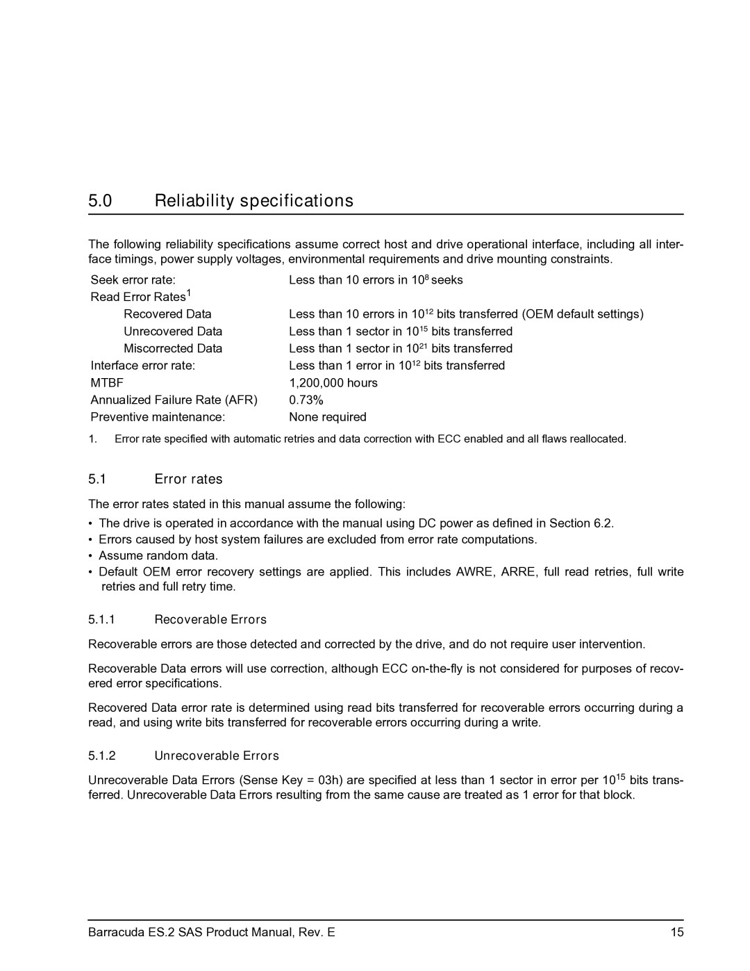 Seagate ST3750630SS, ST31000640SS manual Reliability specifications, Error rates, Recoverable Errors, Unrecoverable Errors 
