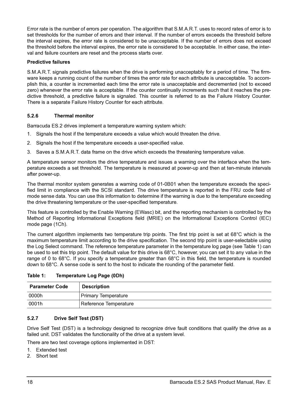 Seagate ST3750630SS, ST31000640SS, ST3500620SS manual Predictive failures, Thermal monitor, Temperature Log Page 0Dh 