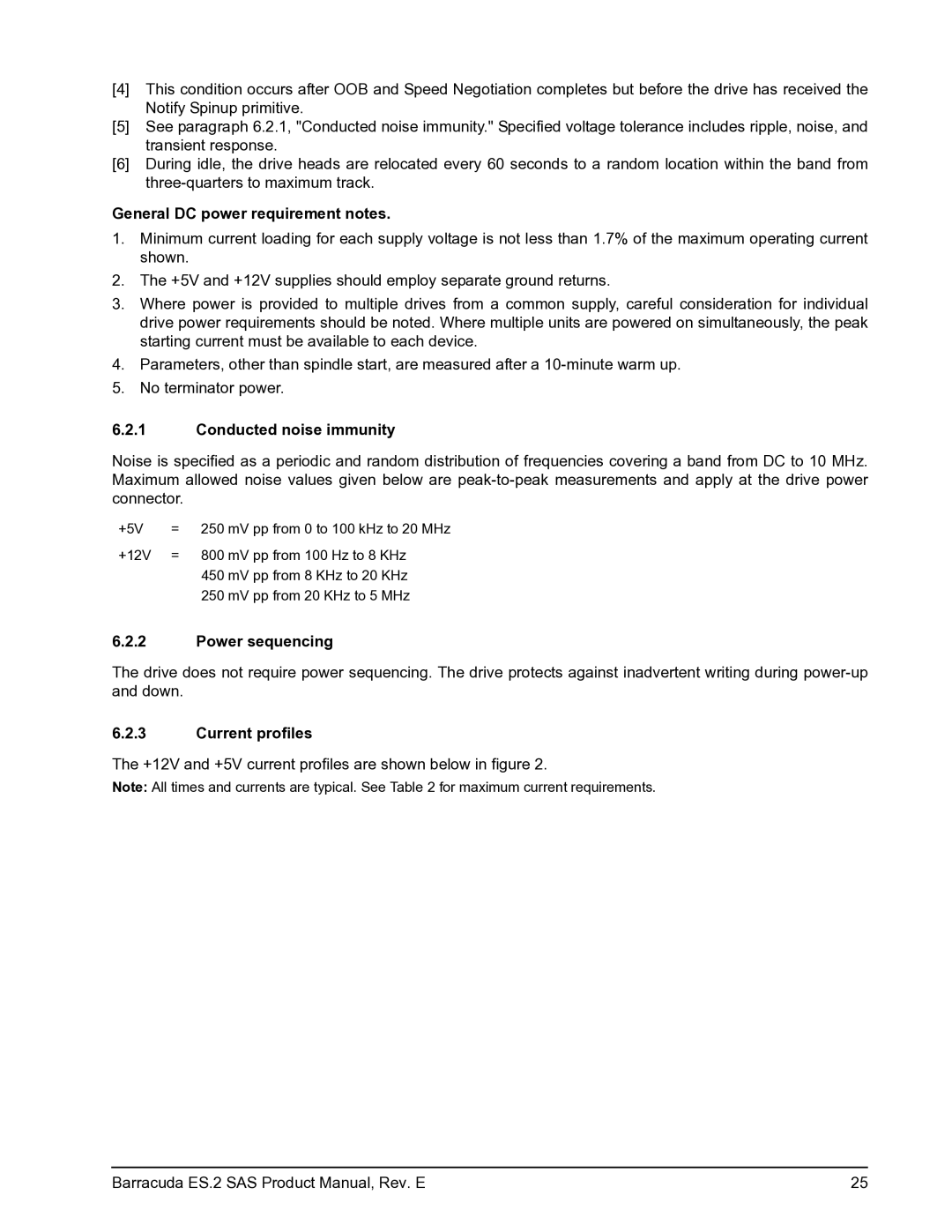 Seagate ST3500620SS manual General DC power requirement notes, Conducted noise immunity, Power sequencing, Current profiles 