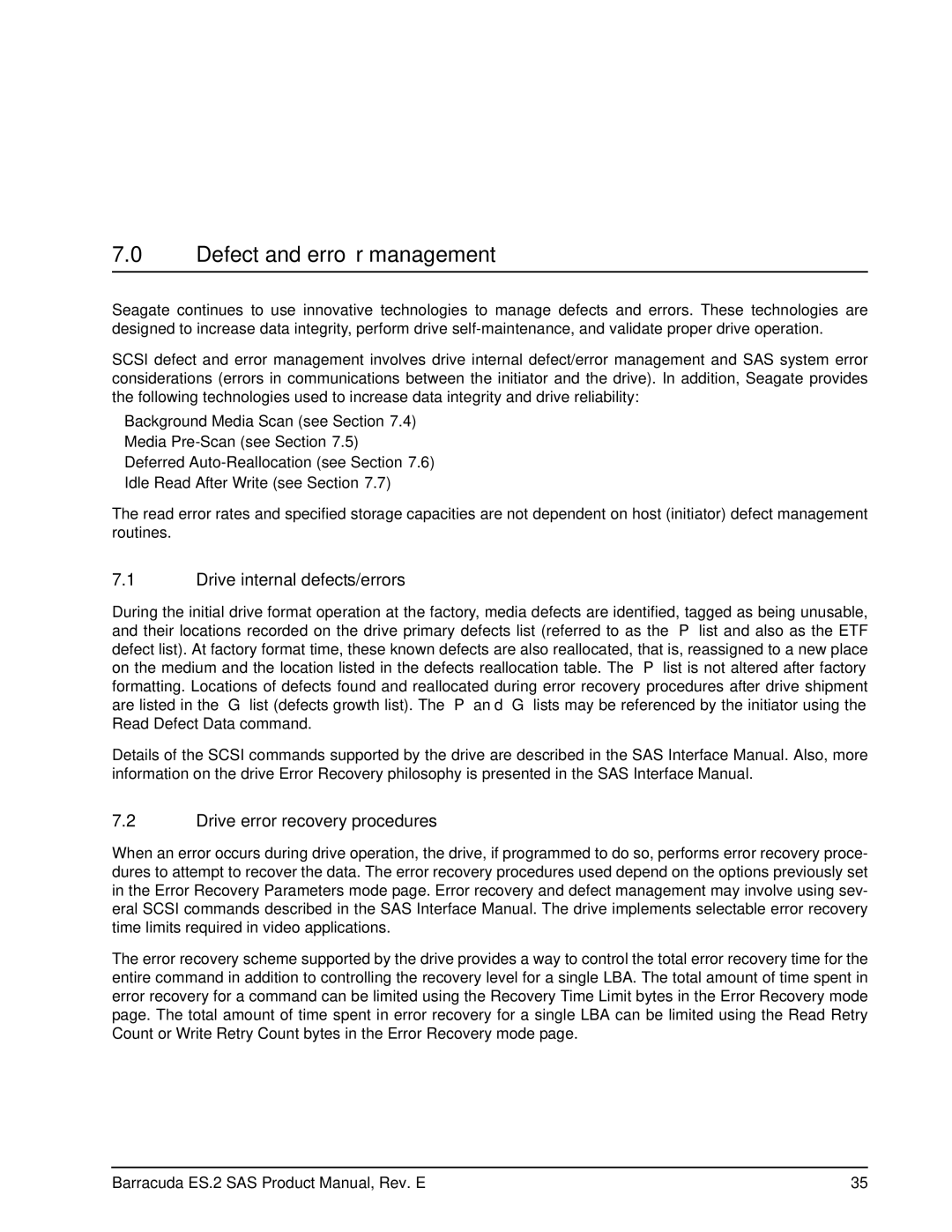 Seagate ST31000640SS manual Defect and error management, Drive internal defects/errors, Drive error recovery procedures 