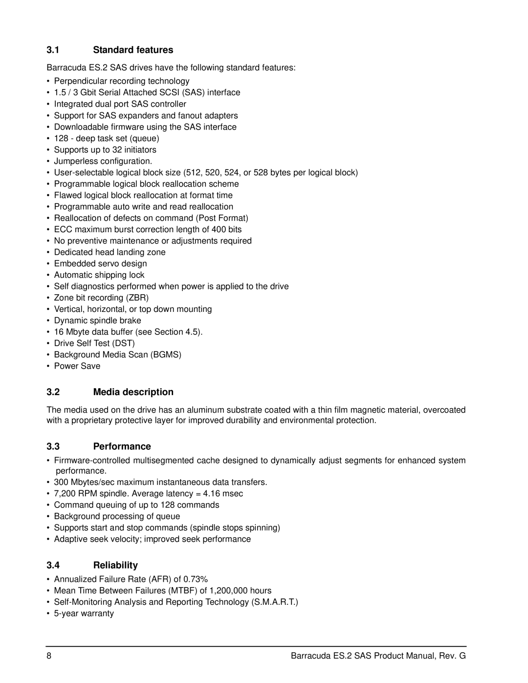 Seagate ST31000640SSIM manual Standard features, Media description, Performance, Reliability 