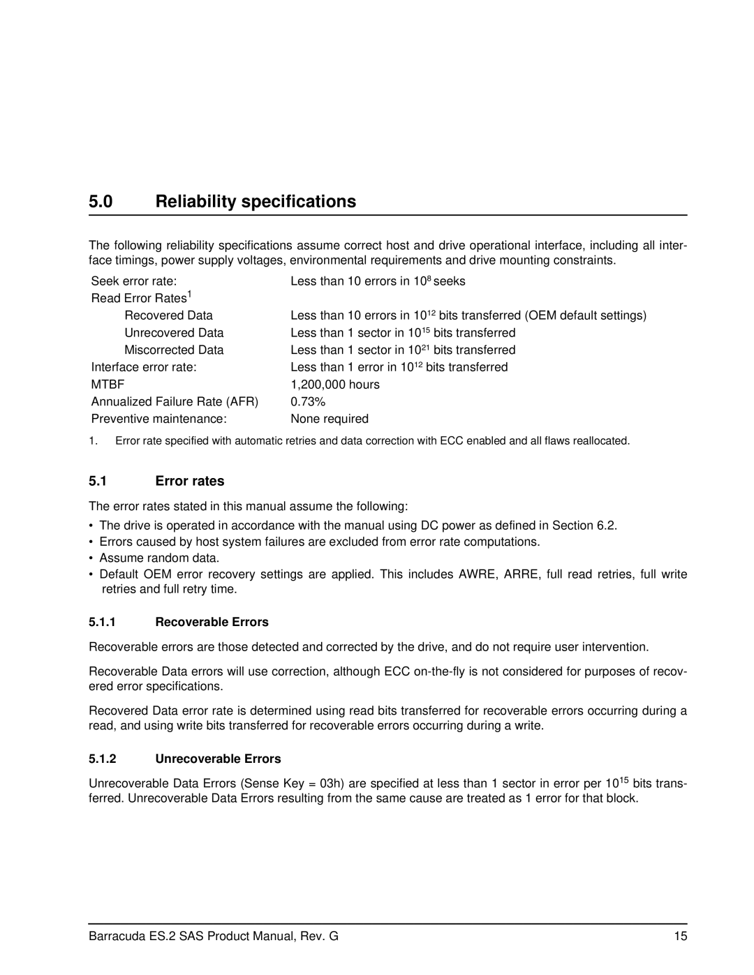 Seagate ST31000640SSIM manual Reliability specifications, Error rates, Recoverable Errors, Unrecoverable Errors 