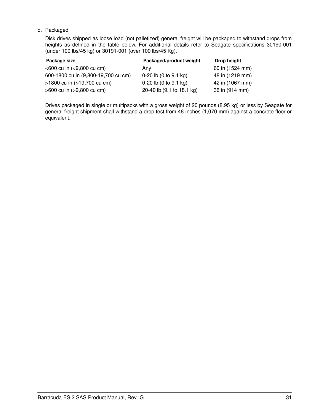 Seagate ST31000640SSIM manual Package size Packaged/product weight Drop height 