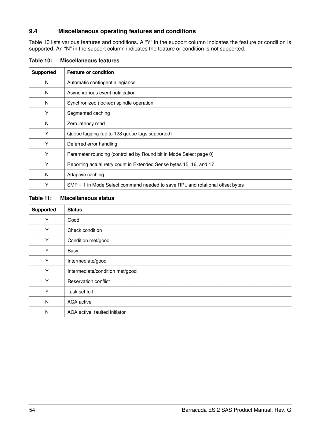 Seagate ST31000640SSIM manual Miscellaneous operating features and conditions, Miscellaneous features, Miscellaneous status 