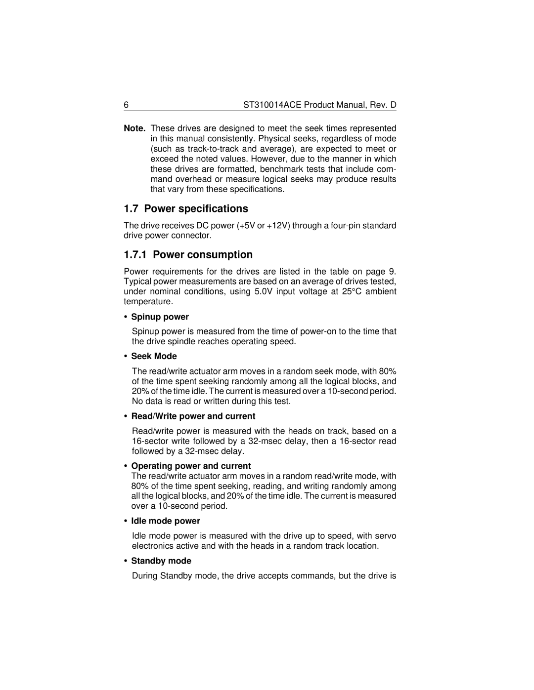 Seagate ST310014ACE manual Power specifications, Power consumption 