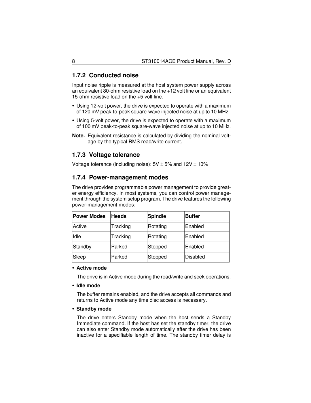 Seagate ST310014ACE manual Conducted noise, Voltage tolerance, Power-management modes 