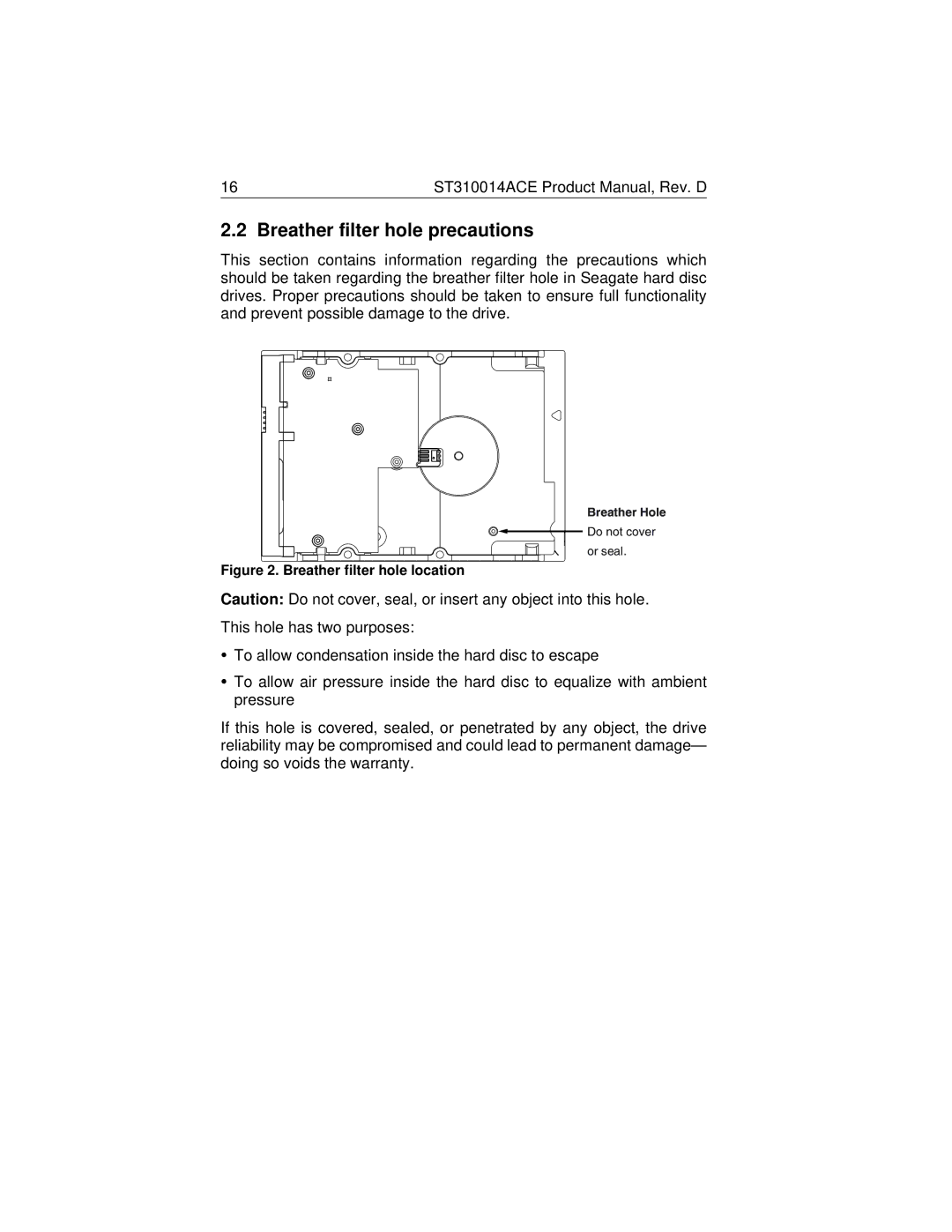 Seagate ST310014ACE manual Breather filter hole precautions, Breather filter hole location 