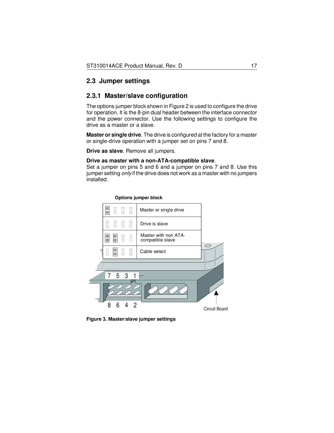 Seagate ST310014ACE manual Jumper settings Master/slave configuration, Drive as master with a non-ATA-compatible slave 