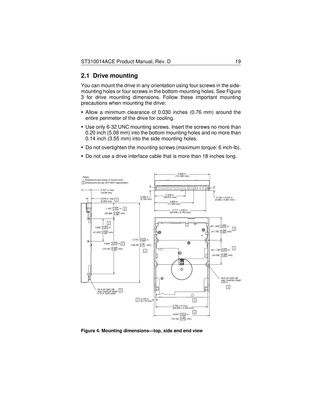 Seagate ST310014ACE manual Drive mounting, Mounting dimensions-top, side and end view 