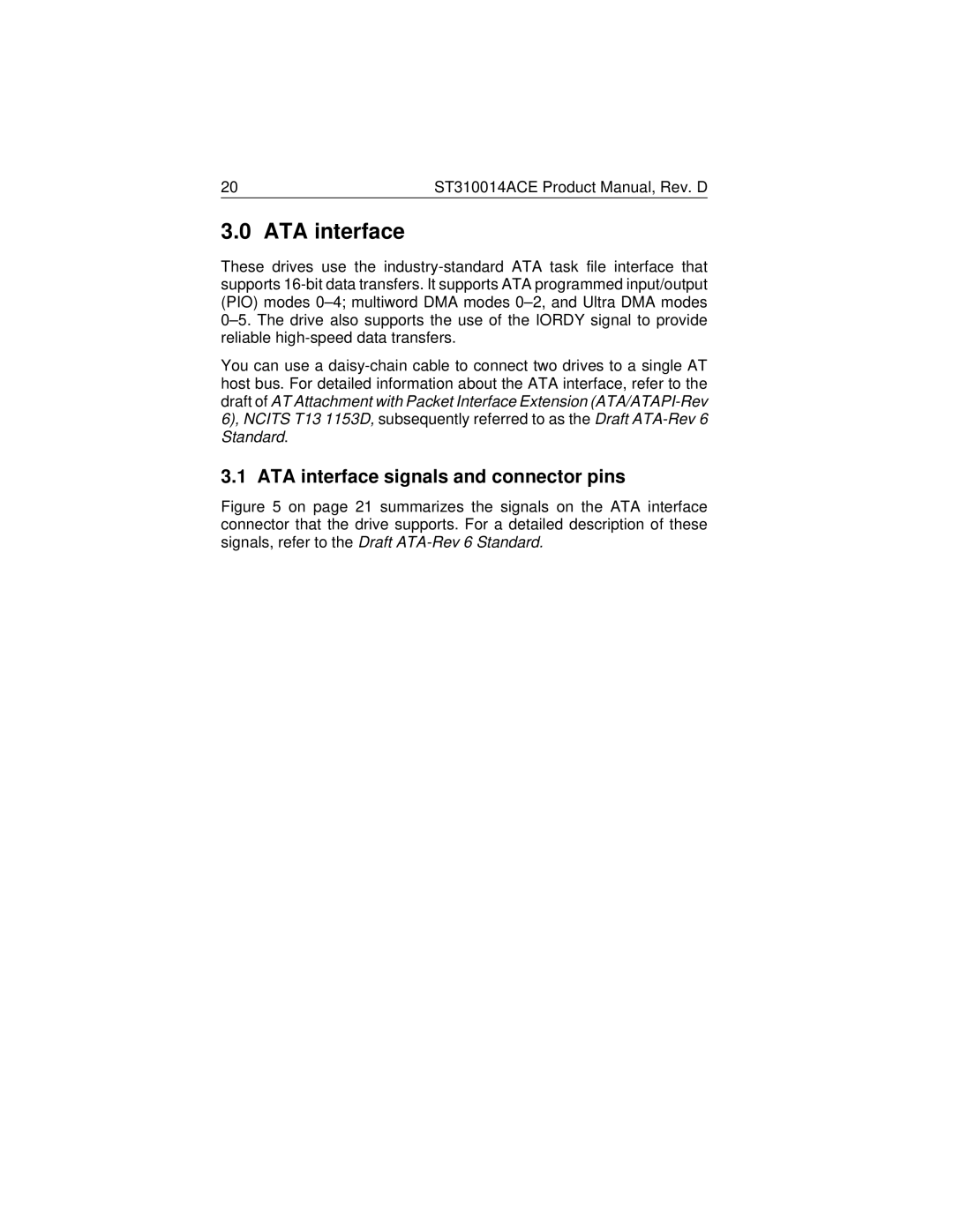 Seagate ST310014ACE manual ATA interface signals and connector pins 