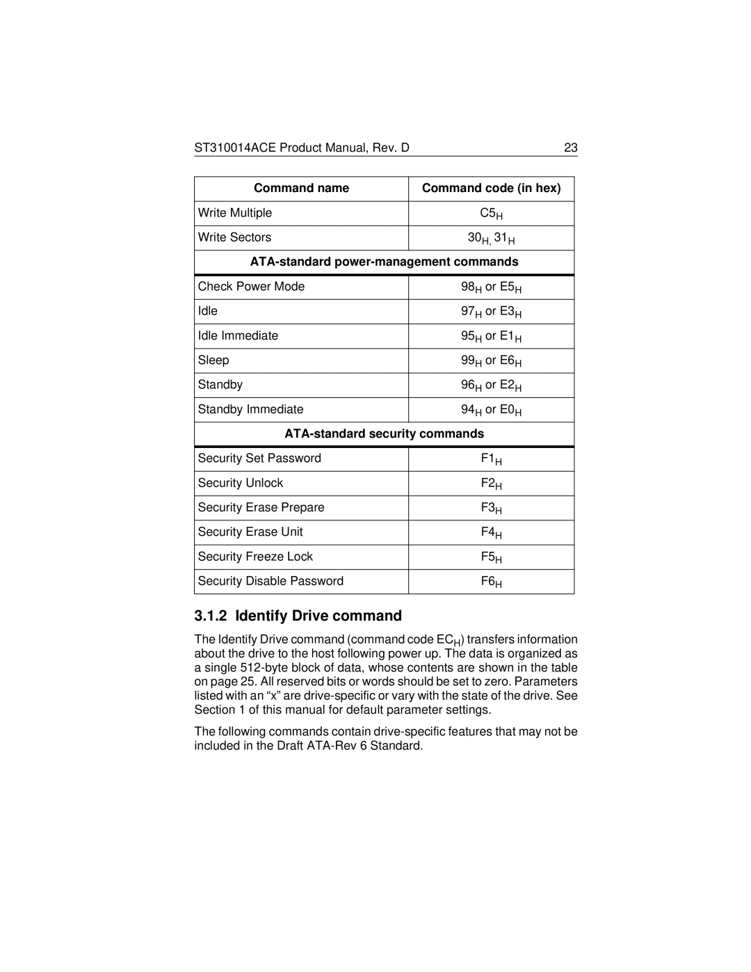 Seagate ST310014ACE manual Identify Drive command, Command name Command code in hex, ATA-standard power-management commands 