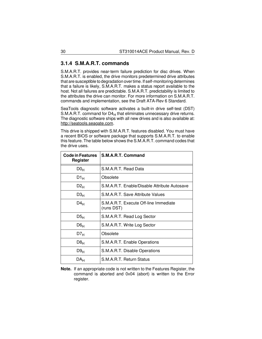 Seagate ST310014ACE manual 4 S.M.A.R.T. commands, Code in Features A.R.T. Command Register 