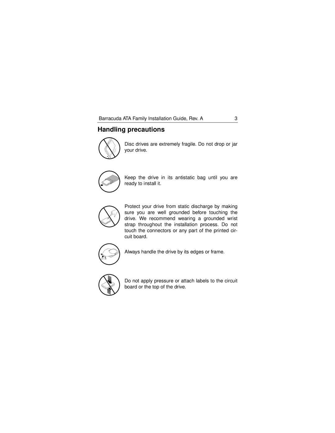 Seagate ST320430A, ST310220A, ST313620A, ST328040A, ST36810A manual Handling precautions 