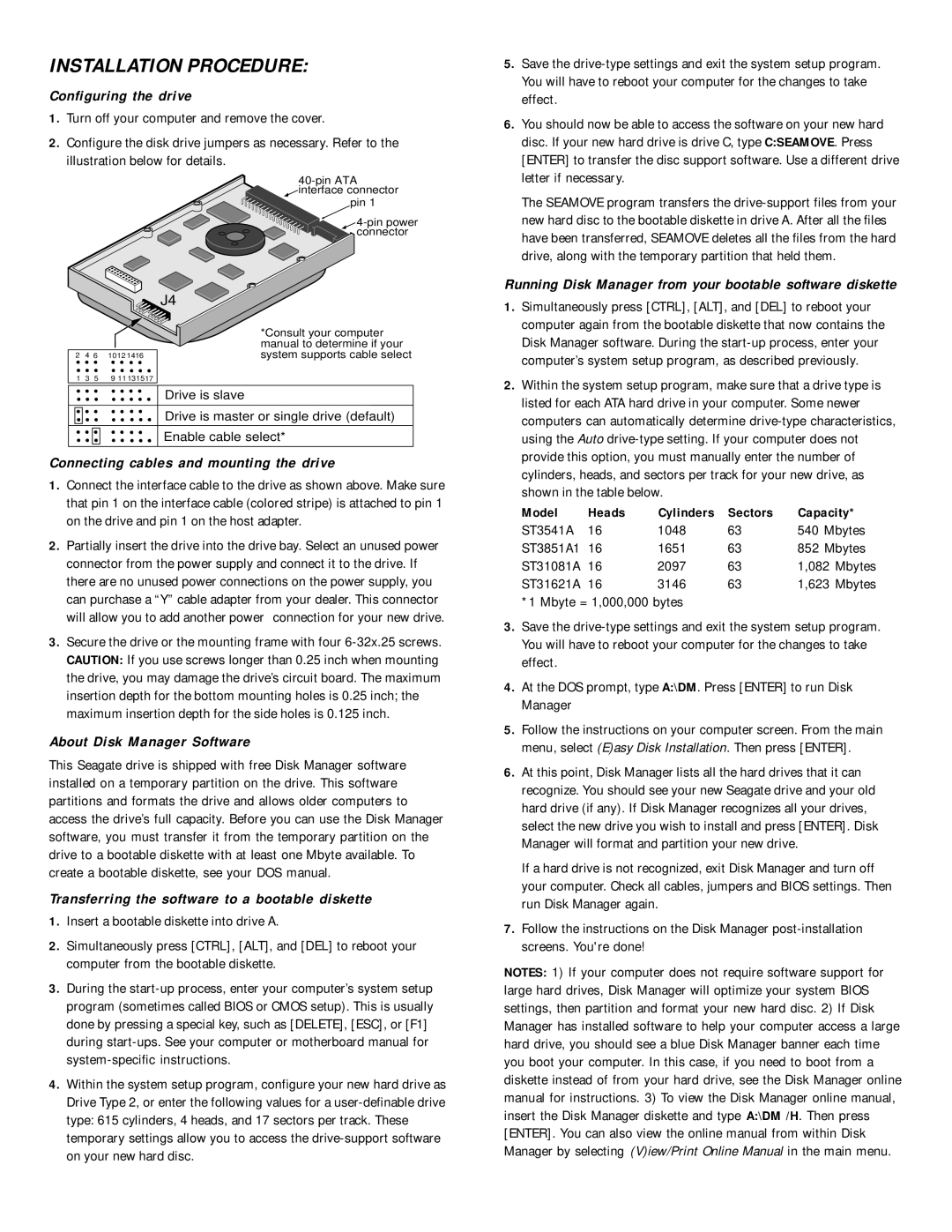 Seagate ST3541A, ST31081A Configuring the drive, Connecting cables and mounting the drive, About Disk Manager Software 