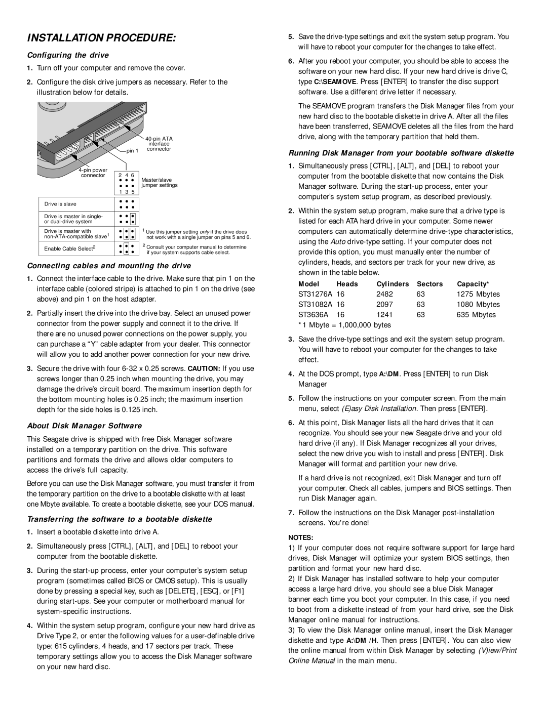 Seagate ST3636A, ST31082A Configuring the drive, Connecting cables and mounting the drive, About Disk Manager Software 