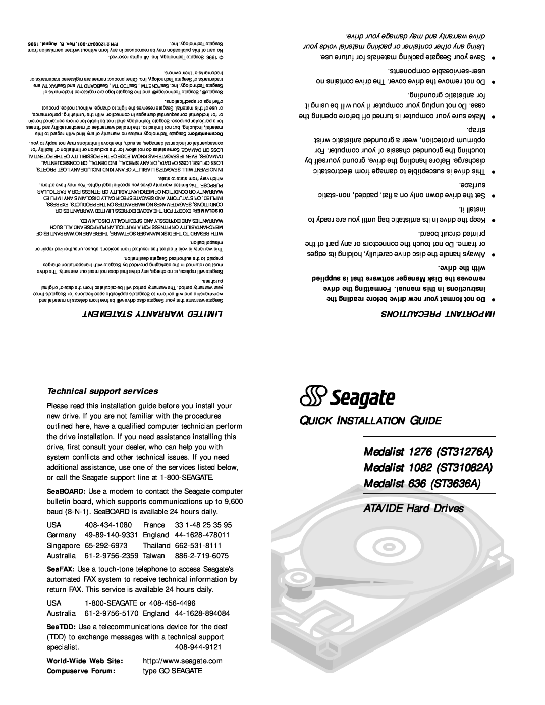 Seagate ST31276A warranty World-Wide Web Site, Compuserve Forum, ATA/IDE Hard Drives, Quick Installation Guide, strap 