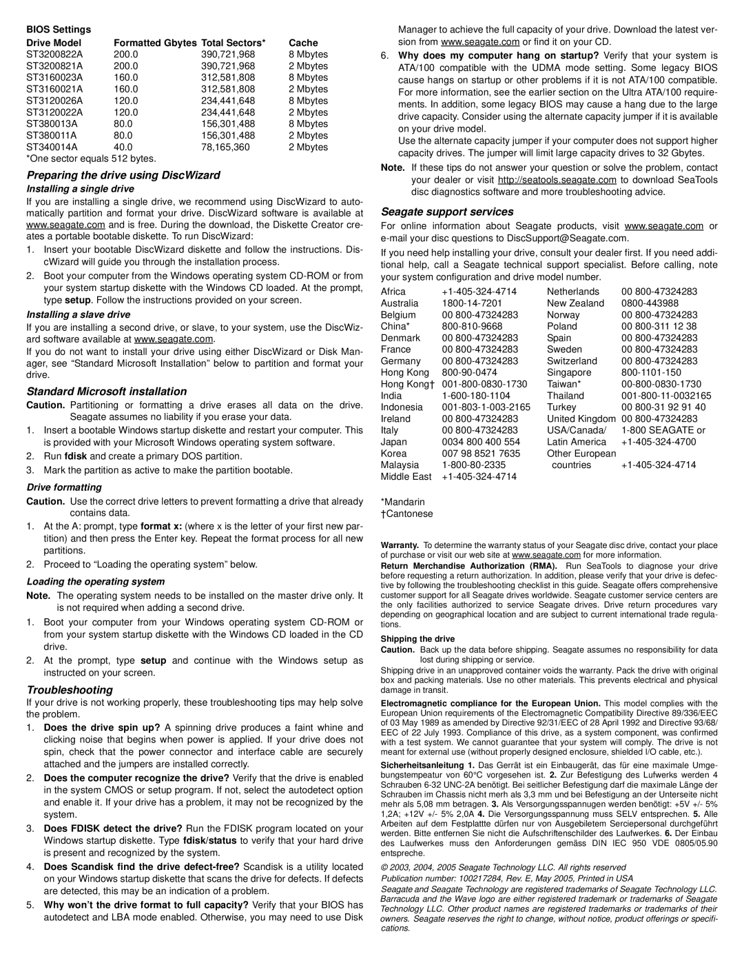 Seagate ST3160023A, ST3120022A Preparing the drive using DiscWizard, Standard Microsoft installation, Troubleshooting 
