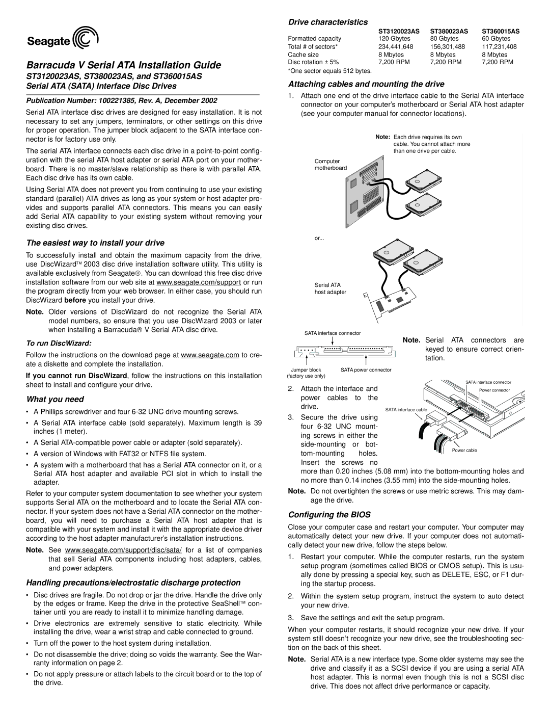 Seagate ST380023AS, ST3120023AS installation instructions Drive characteristics, Attaching cables and mounting the drive 