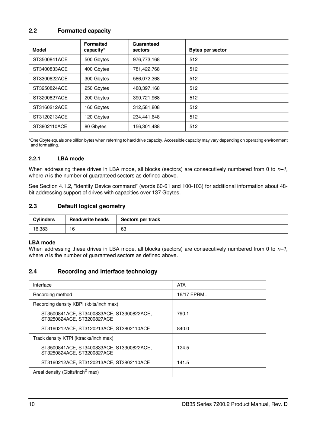 Seagate ST3120213ACE manual Formatted capacity, Default logical geometry, Recording and interface technology, LBA mode 