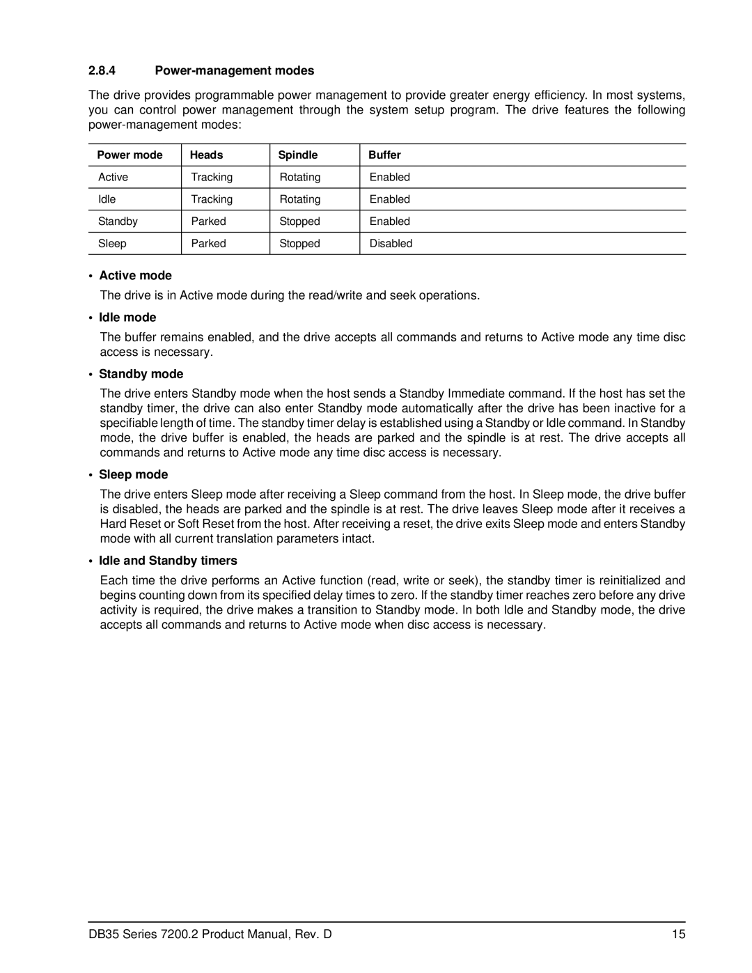 Seagate ST3802110ACE, ST3120213ACE Power-management modes, Active mode, Idle mode, Sleep mode, Idle and Standby timers 