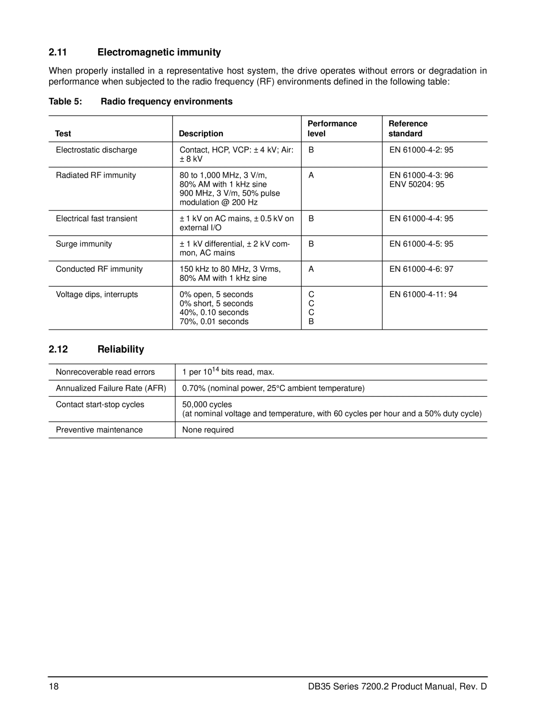 Seagate ST3120213ACE, ST3160212ACE, ST3200827ACE manual Electromagnetic immunity, Reliability, Radio frequency environments 